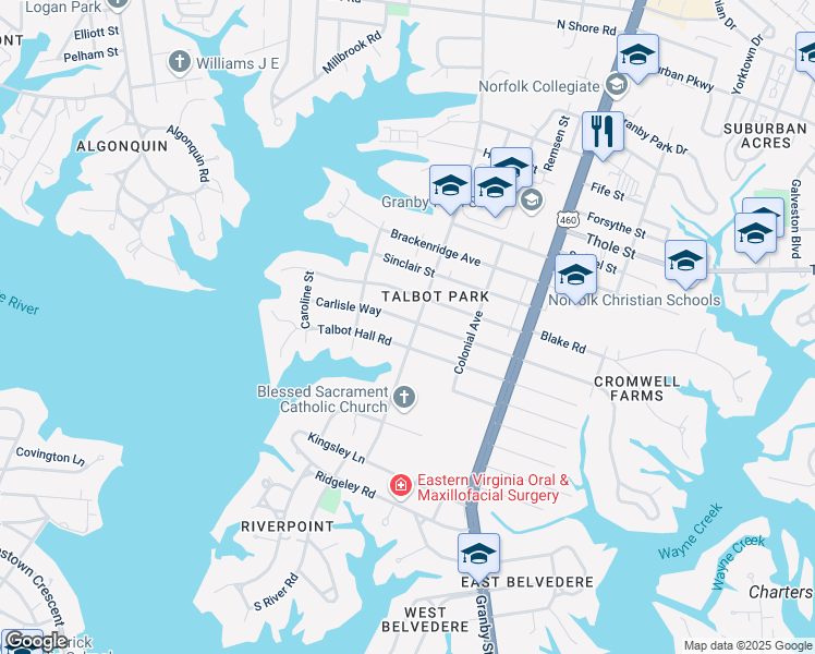 map of restaurants, bars, coffee shops, grocery stores, and more near 6711 Newport Avenue in Norfolk