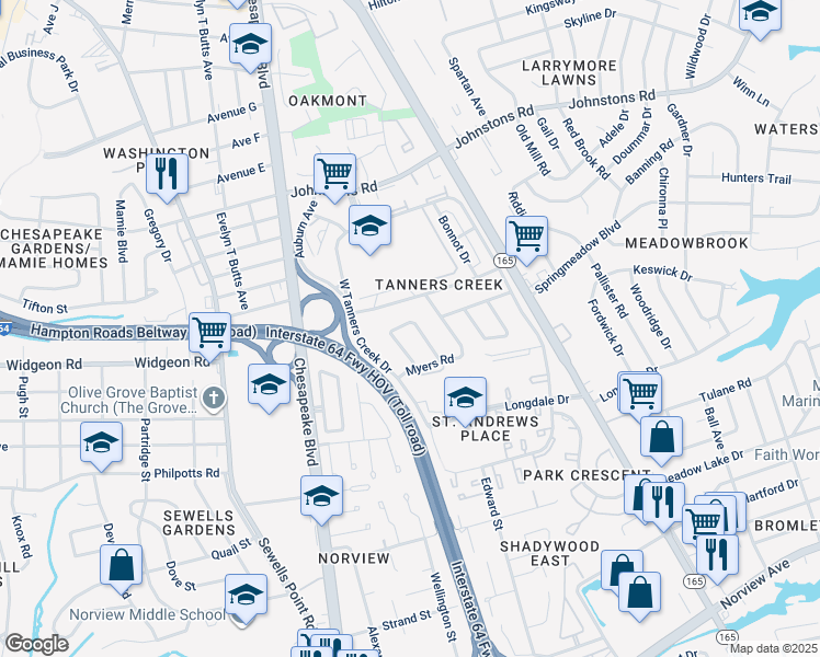map of restaurants, bars, coffee shops, grocery stores, and more near 6852 Cedarwood Court in Norfolk
