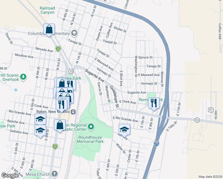 map of restaurants, bars, coffee shops, grocery stores, and more near 14-398 Martinez Street in Raton