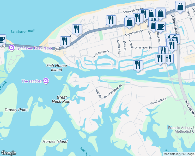 map of restaurants, bars, coffee shops, grocery stores, and more near 2012 Ridge End Road in Virginia Beach