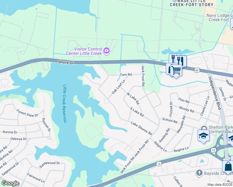 map of restaurants, bars, coffee shops, grocery stores, and more near 5225 South Lake Road in Virginia Beach