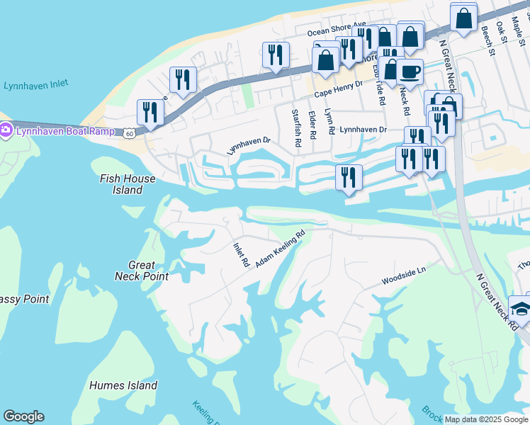 map of restaurants, bars, coffee shops, grocery stores, and more near 3032 Island Lane in Virginia Beach