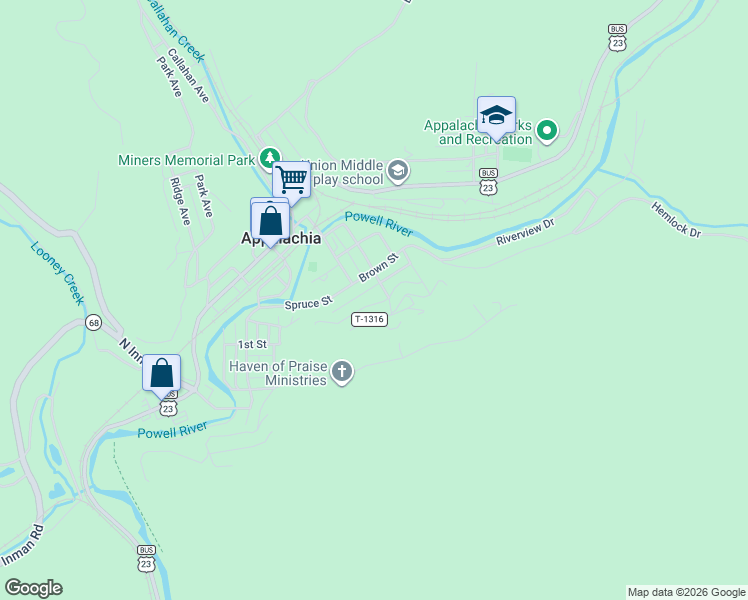 map of restaurants, bars, coffee shops, grocery stores, and more near 203 Wilson Street in Appalachia