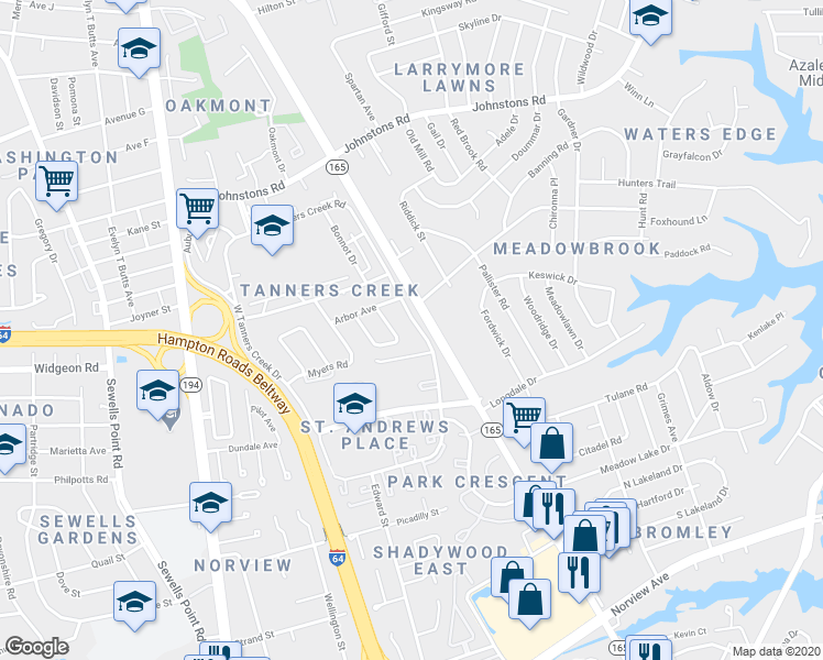 map of restaurants, bars, coffee shops, grocery stores, and more near 6837 Silverwood Court in Norfolk