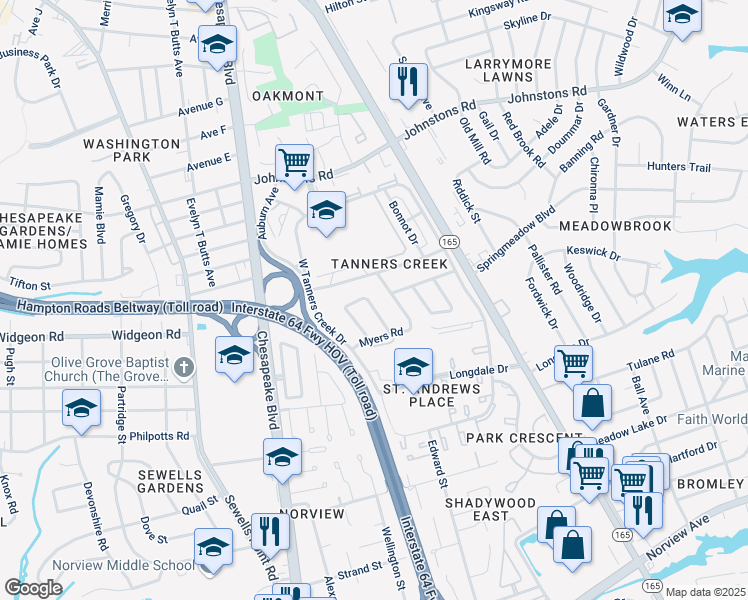 map of restaurants, bars, coffee shops, grocery stores, and more near 6865 Cedarwood Court in Norfolk