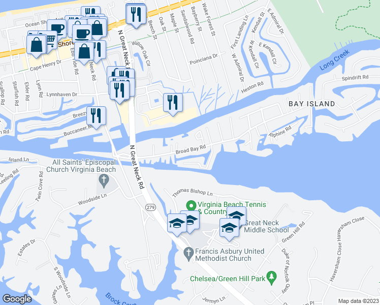 map of restaurants, bars, coffee shops, grocery stores, and more near 2745 Broad Bay Road in Virginia Beach