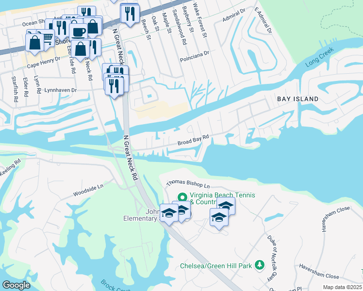 map of restaurants, bars, coffee shops, grocery stores, and more near 2745 Broad Bay Road in Virginia Beach