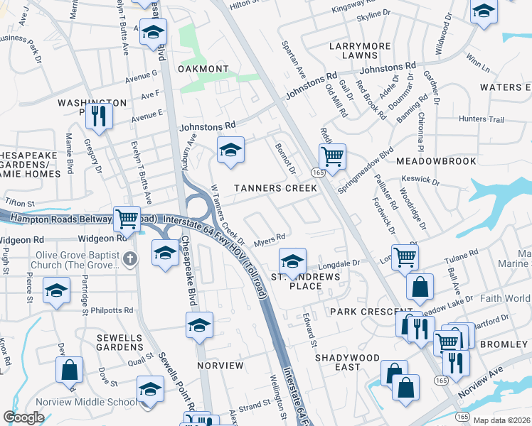 map of restaurants, bars, coffee shops, grocery stores, and more near 6865 Cedarwood Court in Norfolk