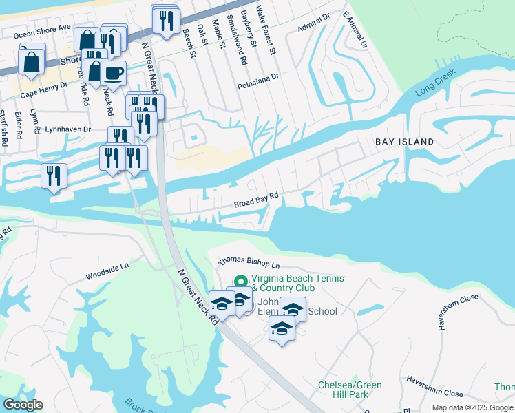 map of restaurants, bars, coffee shops, grocery stores, and more near 2729 Broad Bay Road in Virginia Beach