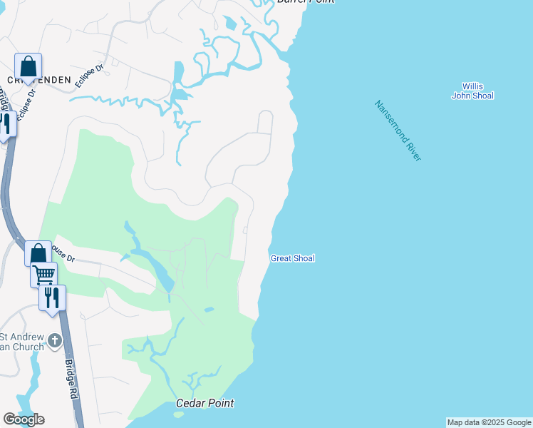 map of restaurants, bars, coffee shops, grocery stores, and more near 9115 River Crescent in Suffolk