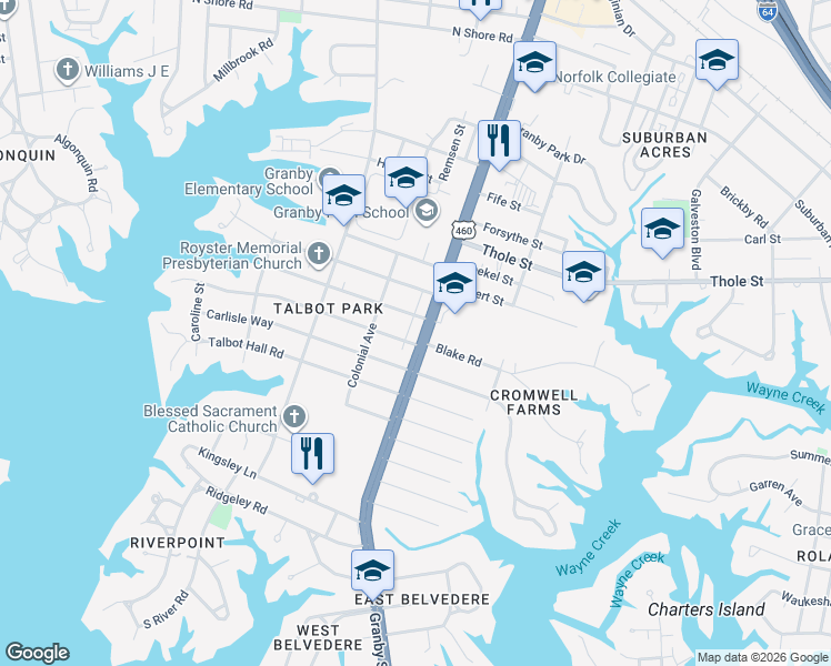 map of restaurants, bars, coffee shops, grocery stores, and more near 6907 Granby Street in Norfolk