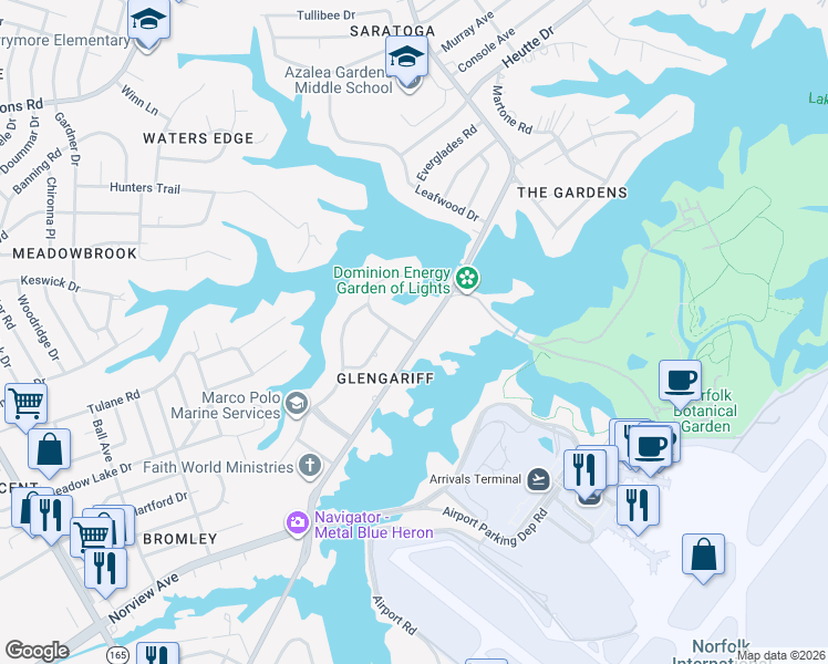 map of restaurants, bars, coffee shops, grocery stores, and more near 6467 Azalea Garden Road in Norfolk