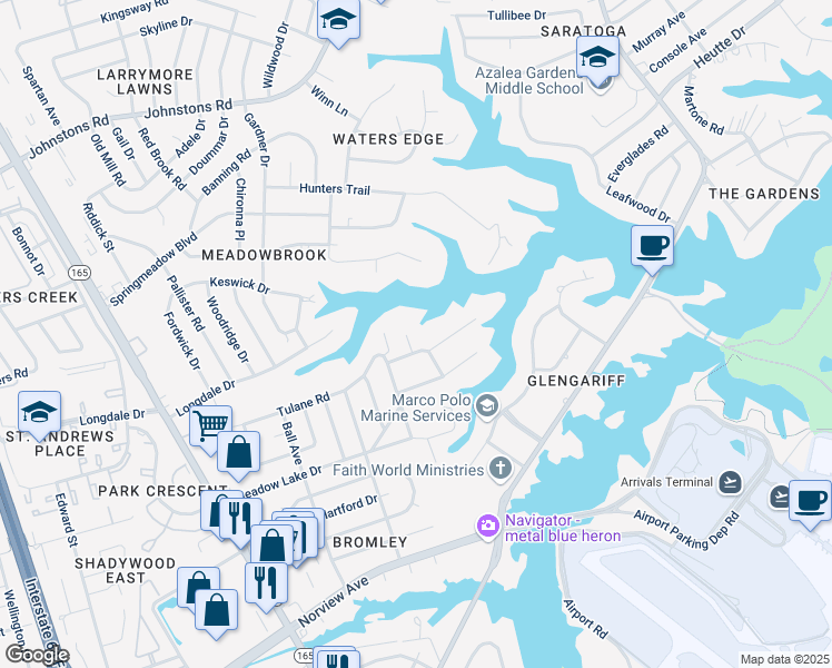 map of restaurants, bars, coffee shops, grocery stores, and more near 2027 Kenlake Place in Norfolk