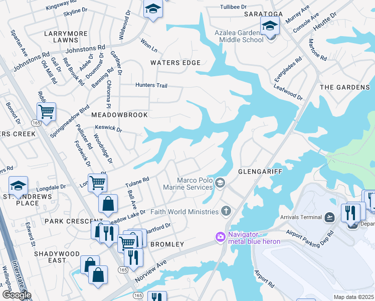 map of restaurants, bars, coffee shops, grocery stores, and more near 2027 Kenlake Place in Norfolk