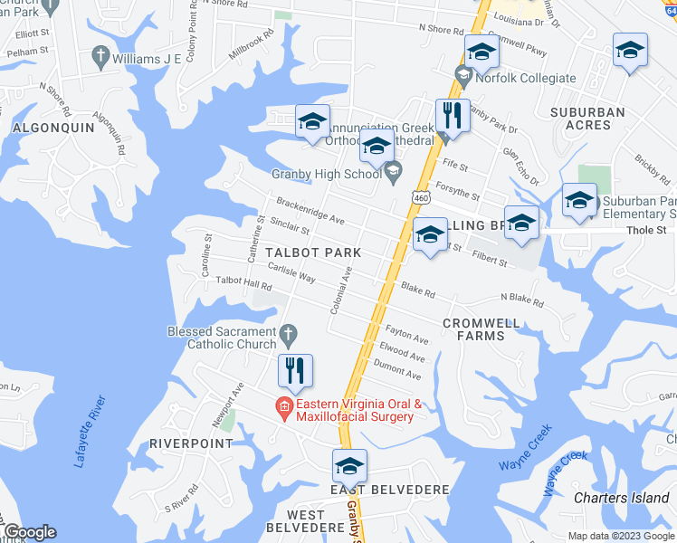map of restaurants, bars, coffee shops, grocery stores, and more near 203 Oak Grove Road in Norfolk