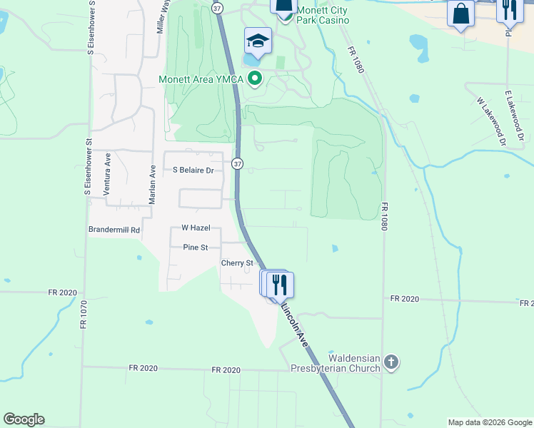 map of restaurants, bars, coffee shops, grocery stores, and more near 105-113 East Hazel Street in Monett
