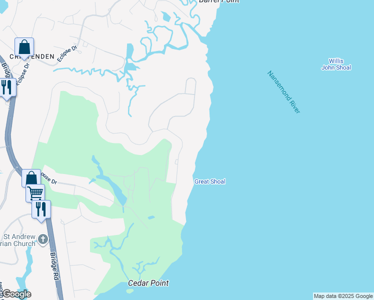 map of restaurants, bars, coffee shops, grocery stores, and more near 9115 River Crescent in Suffolk