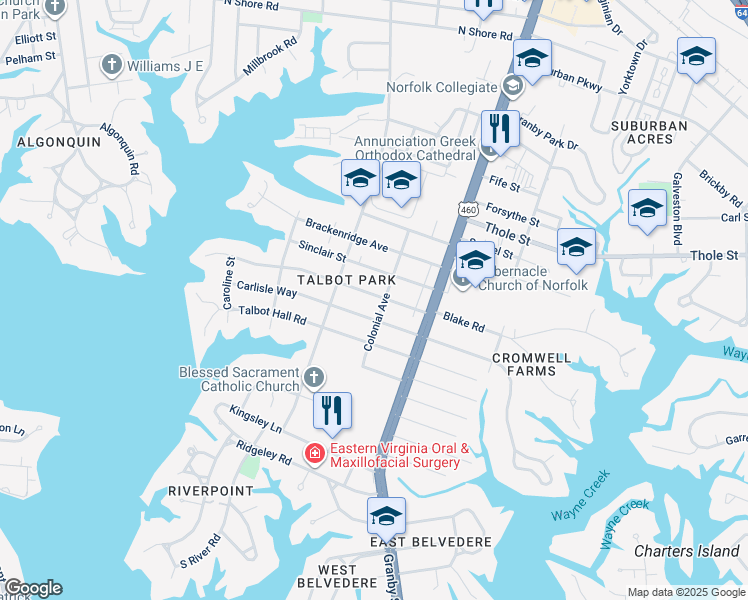 map of restaurants, bars, coffee shops, grocery stores, and more near 203 Oak Grove Road in Norfolk