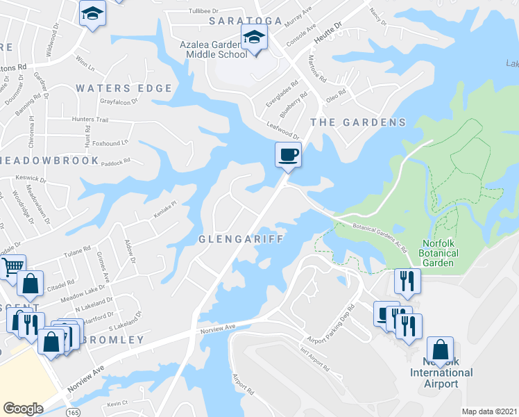map of restaurants, bars, coffee shops, grocery stores, and more near 2160 Hollybriar Point in Norfolk