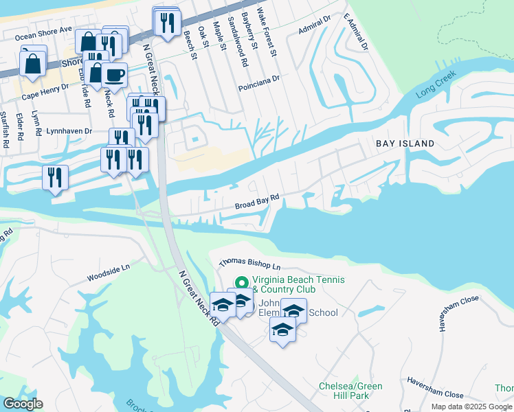 map of restaurants, bars, coffee shops, grocery stores, and more near 2729 Broad Bay Road in Virginia Beach