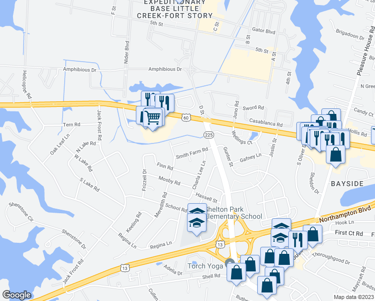 map of restaurants, bars, coffee shops, grocery stores, and more near 5024 Smith Farm Road in Virginia Beach