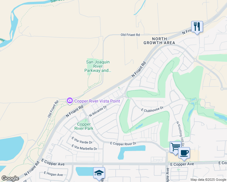 map of restaurants, bars, coffee shops, grocery stores, and more near 12129-12289 North Friant Road in Fresno