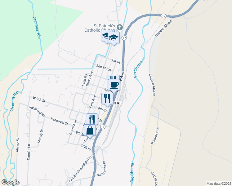 map of restaurants, bars, coffee shops, grocery stores, and more near Terrace Ave & 4th St in Chama