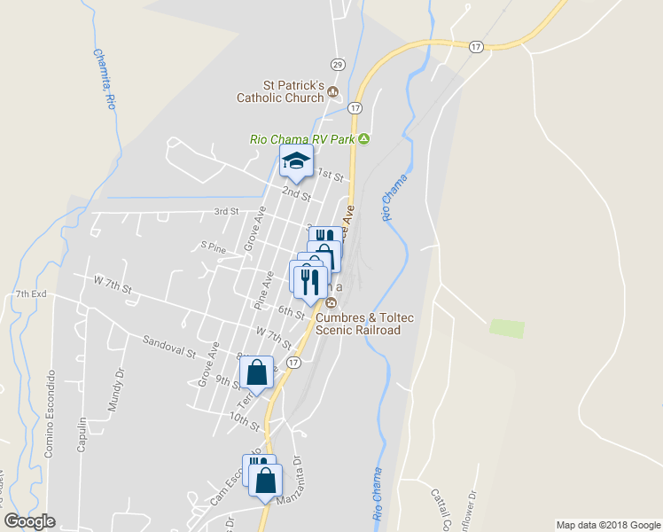 map of restaurants, bars, coffee shops, grocery stores, and more near Terrace Ave & 4th St in Chama