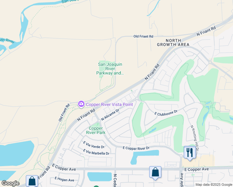 map of restaurants, bars, coffee shops, grocery stores, and more near 12129-12289 North Friant Road in Fresno