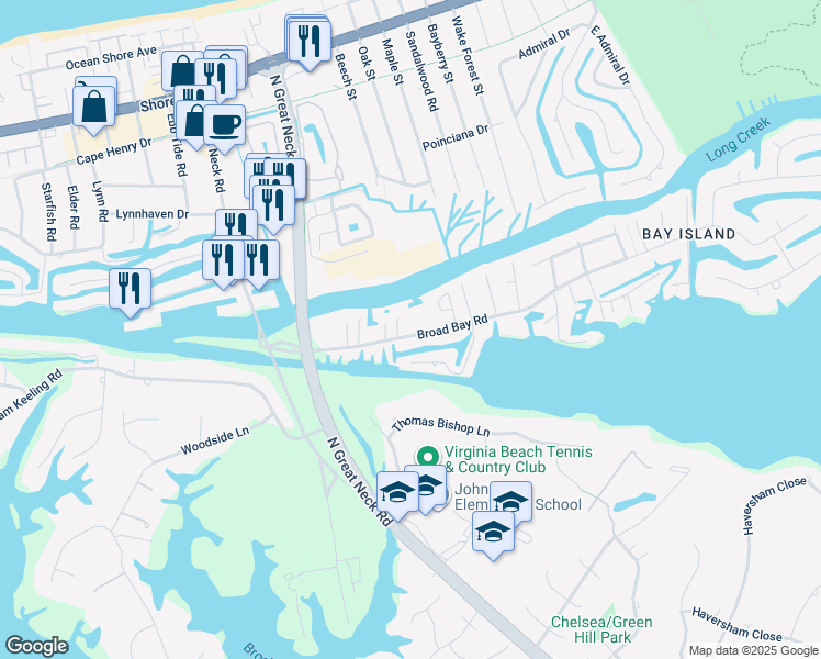 map of restaurants, bars, coffee shops, grocery stores, and more near 2754 Broad Bay Rd in Virginia Beach