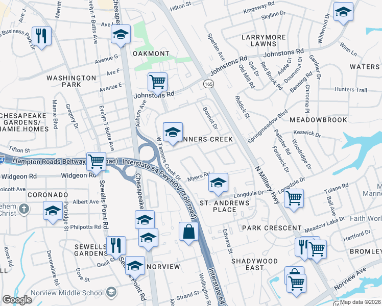 map of restaurants, bars, coffee shops, grocery stores, and more near 6854 Orangewood Avenue in Norfolk