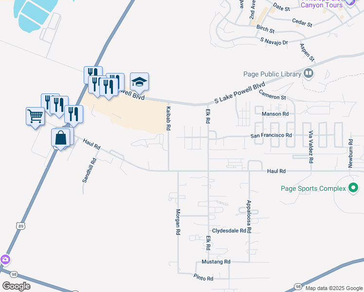 map of restaurants, bars, coffee shops, grocery stores, and more near 116 Hawk Court in Page