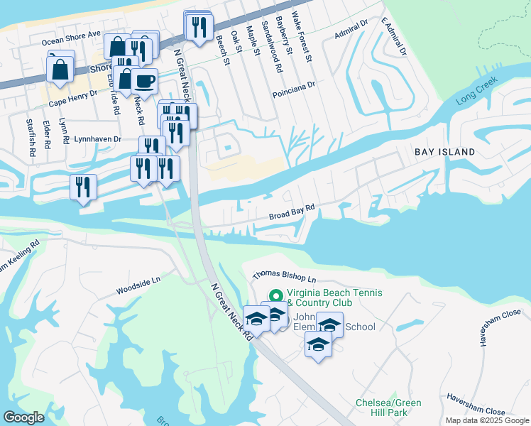 map of restaurants, bars, coffee shops, grocery stores, and more near 2754 Broad Bay Rd in Virginia Beach