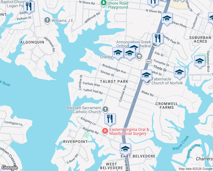 map of restaurants, bars, coffee shops, grocery stores, and more near 405 Oak Grove Road in Norfolk