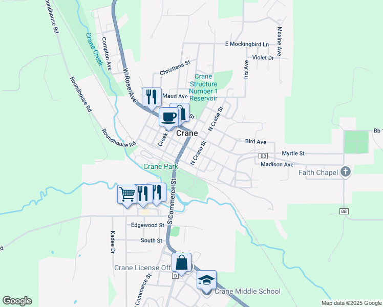 map of restaurants, bars, coffee shops, grocery stores, and more near 104 E Meadow Ave in Crane
