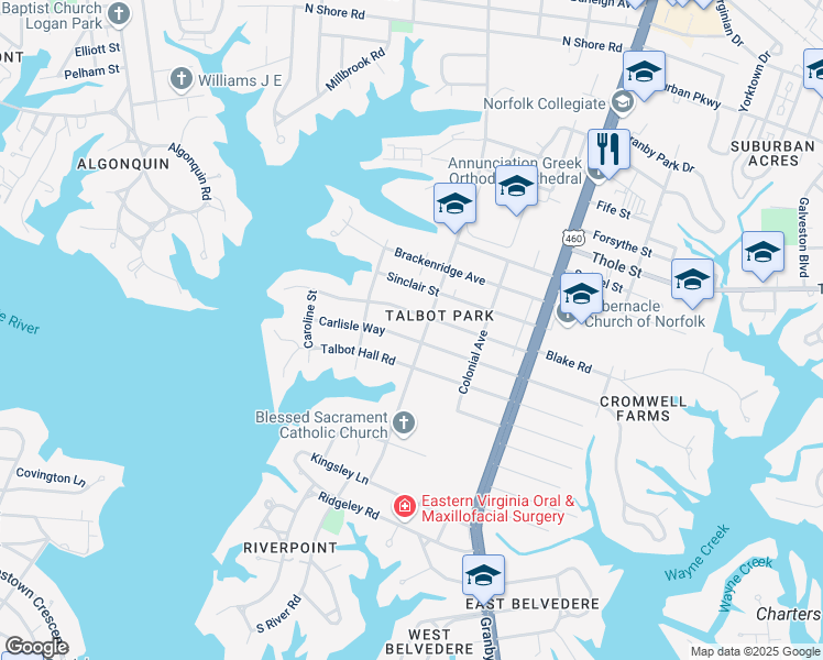 map of restaurants, bars, coffee shops, grocery stores, and more near 405 Oak Grove Road in Norfolk