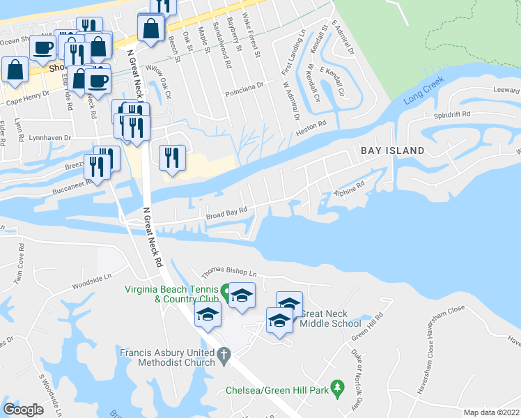 map of restaurants, bars, coffee shops, grocery stores, and more near 2713 Broad Bay Road in Virginia Beach