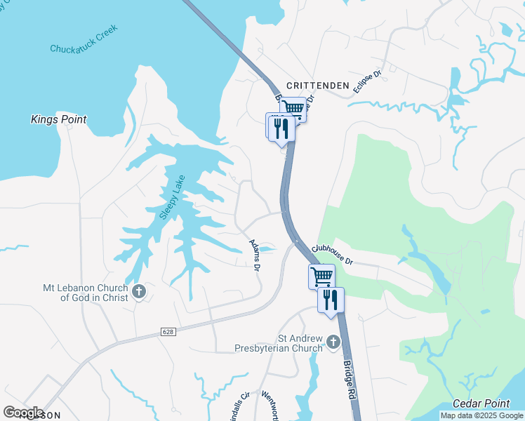 map of restaurants, bars, coffee shops, grocery stores, and more near 8807 Carters Cove Road in Suffolk