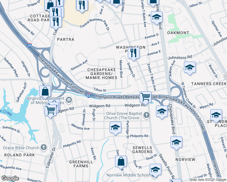 map of restaurants, bars, coffee shops, grocery stores, and more near 953 Tifton Street in Norfolk