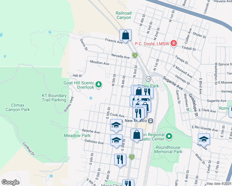 map of restaurants, bars, coffee shops, grocery stores, and more near 140-298 North 4th Street in Raton