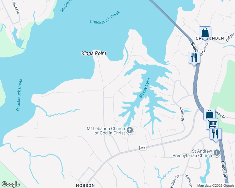 map of restaurants, bars, coffee shops, grocery stores, and more near 1609 West Adams Drive in Suffolk