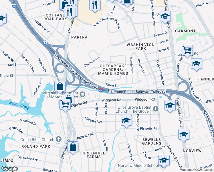 map of restaurants, bars, coffee shops, grocery stores, and more near 905 Tifton Street in Norfolk