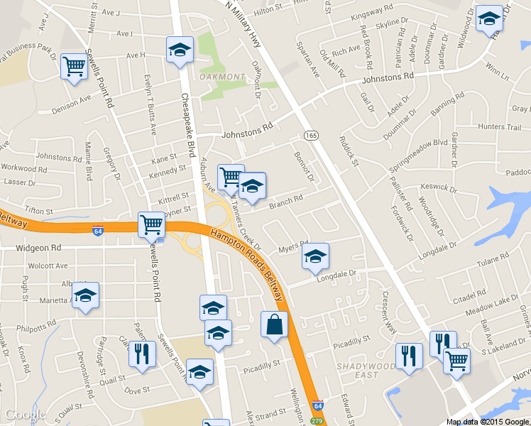 map of restaurants, bars, coffee shops, grocery stores, and more near 1331 Branch Road in Norfolk