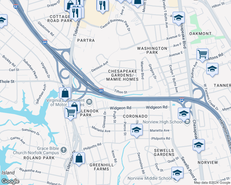 map of restaurants, bars, coffee shops, grocery stores, and more near 905 Tifton Street in Norfolk