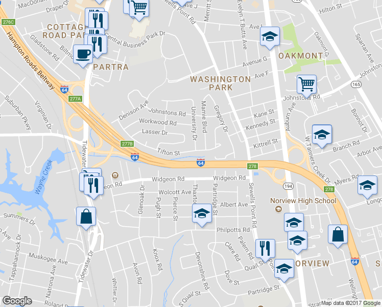 map of restaurants, bars, coffee shops, grocery stores, and more near 953 Tifton Street in Norfolk