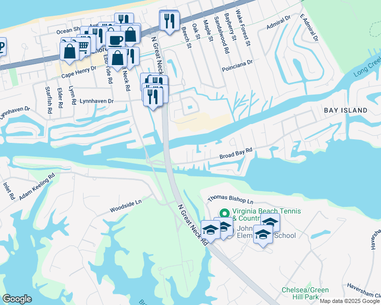 map of restaurants, bars, coffee shops, grocery stores, and more near 2008 Bay Island Quay in Virginia Beach