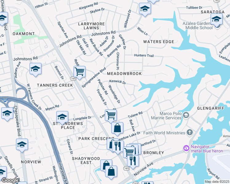 map of restaurants, bars, coffee shops, grocery stores, and more near 6835 Meadowlawn Drive in Norfolk