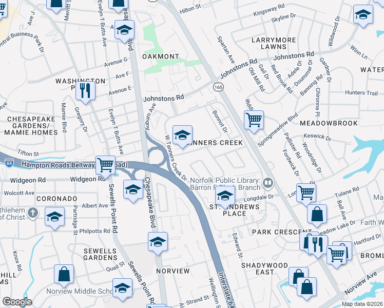 map of restaurants, bars, coffee shops, grocery stores, and more near 1331 Branch Road in Norfolk