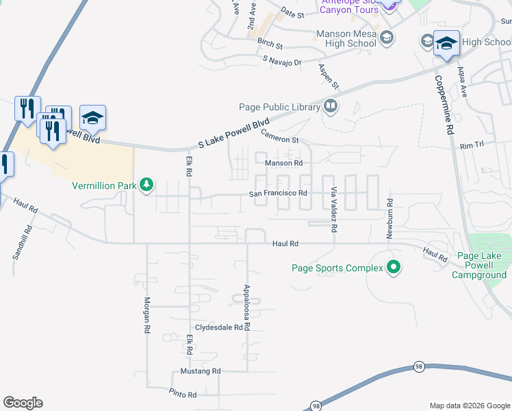 map of restaurants, bars, coffee shops, grocery stores, and more near 60 Sunset St in WILLIAMS