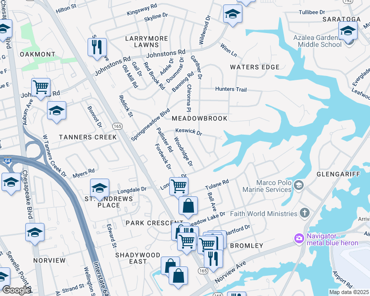map of restaurants, bars, coffee shops, grocery stores, and more near 6835 Meadowlawn Drive in Norfolk